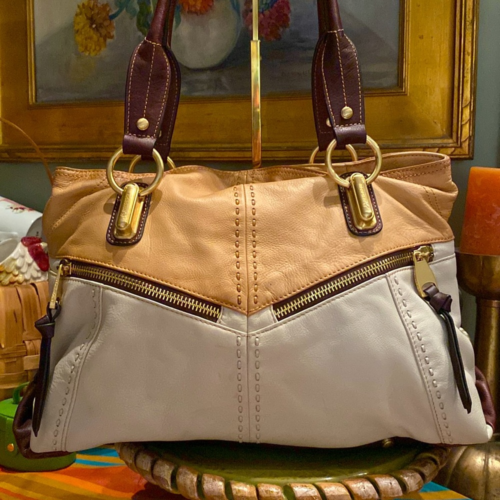 B Makowsky Cream & Camel Smooth Leather Large Tote Shoulder Bag